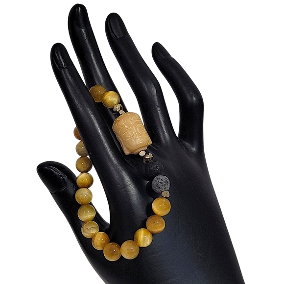 Hand Crafted Bracelet Jade Buddha Blonde Tiger Eye Lava Rock Titanium Pyrite - Picture 5 of 6